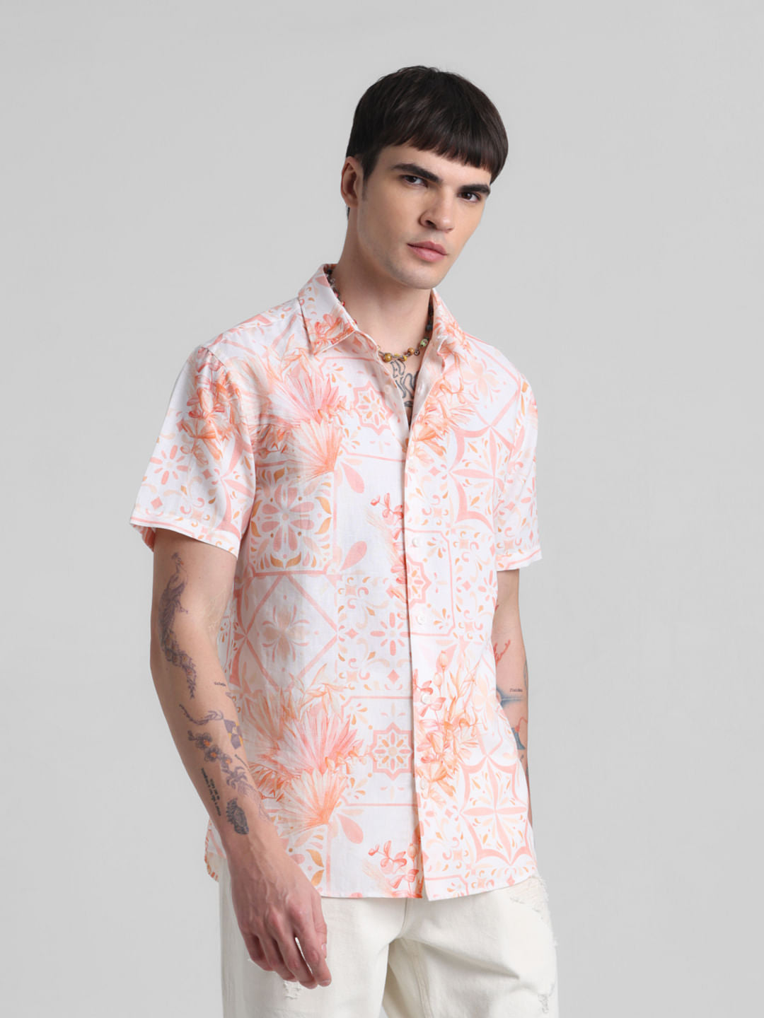 Peach Linen Blend Printed Shirt - S