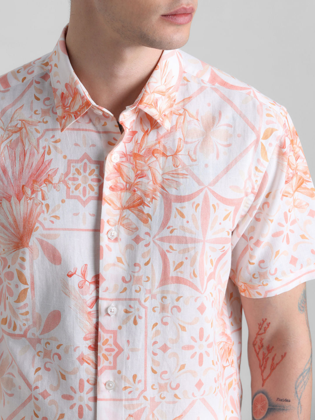 Peach Linen Blend Printed Shirt