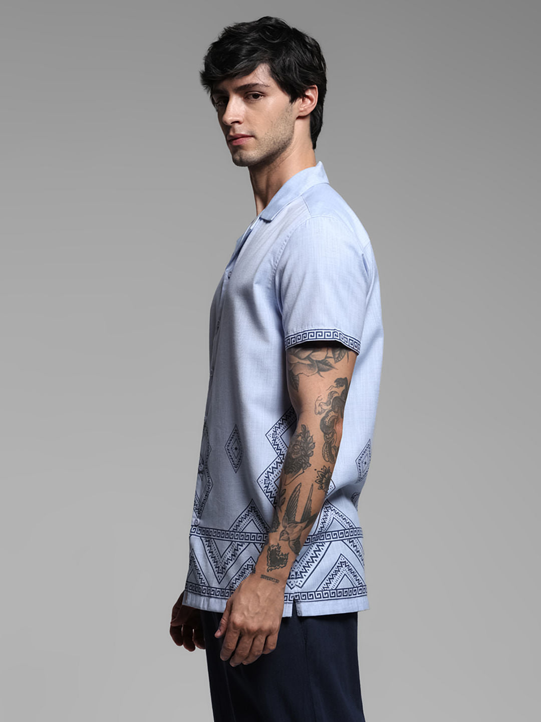 Blue Abstract Print Short Sleeves Shirt