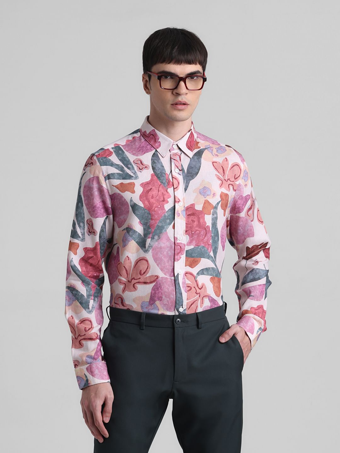 Peach Floral Full Sleeves Shirt - M