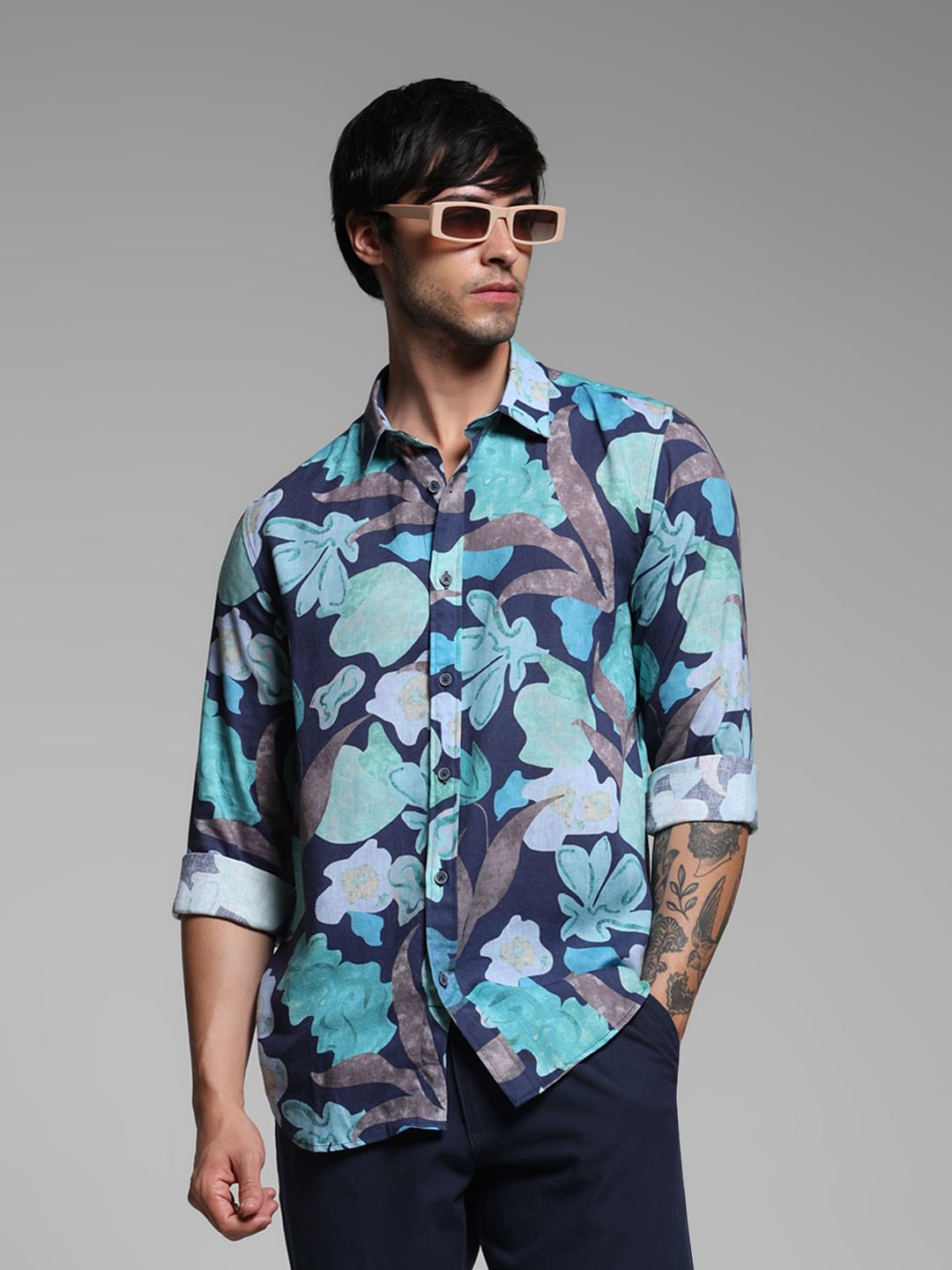 Blue Floral Lyocell Linen Shirt - S