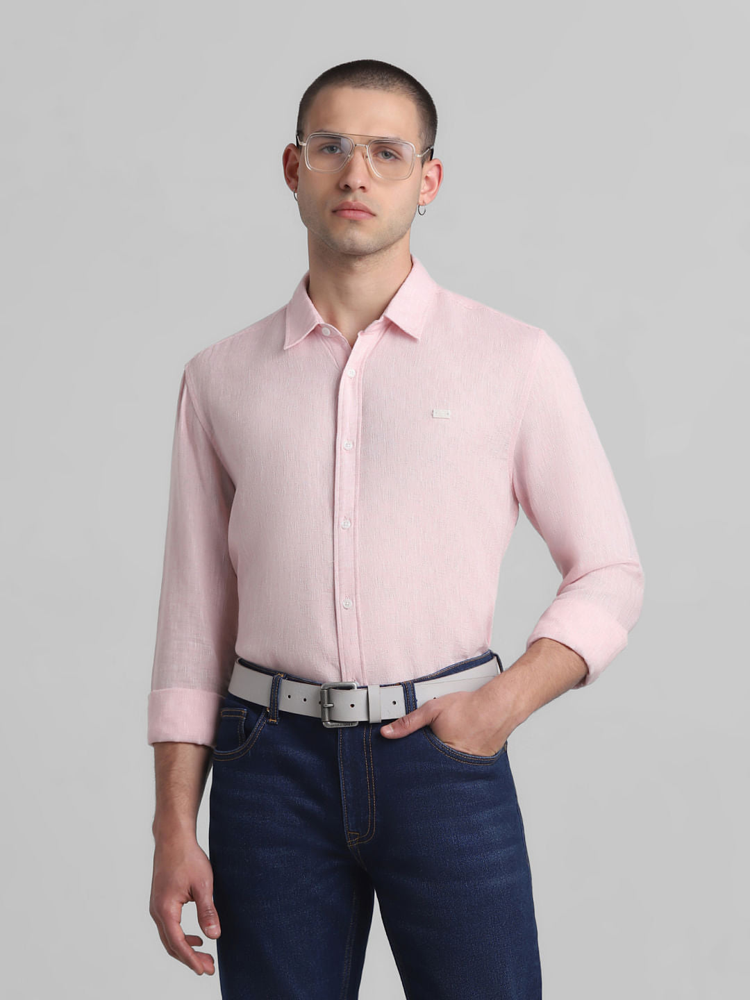 Pink Textured Full Sleeves Shirt - S
