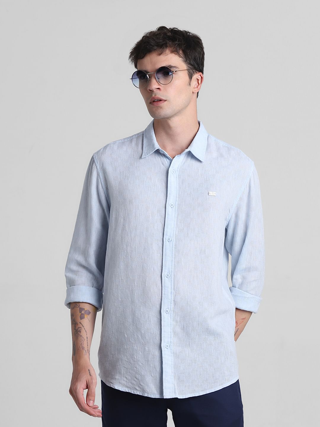 Light Blue Linen Full Sleeves Shirt - XL