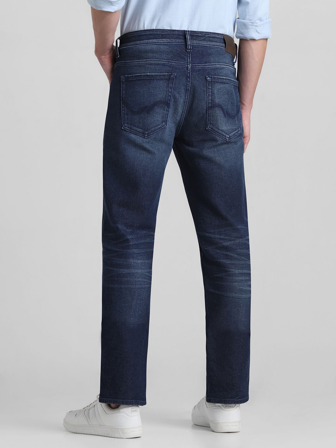 Dark Blue Mid Rise Distressed Regular Fit Jeans