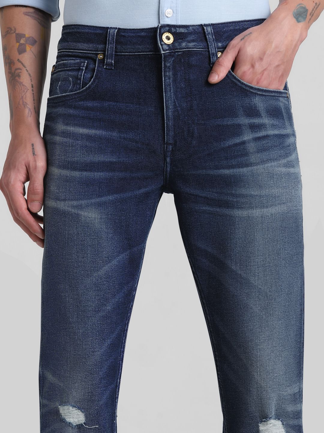Dark Blue Mid Rise Distressed Regular Fit Jeans