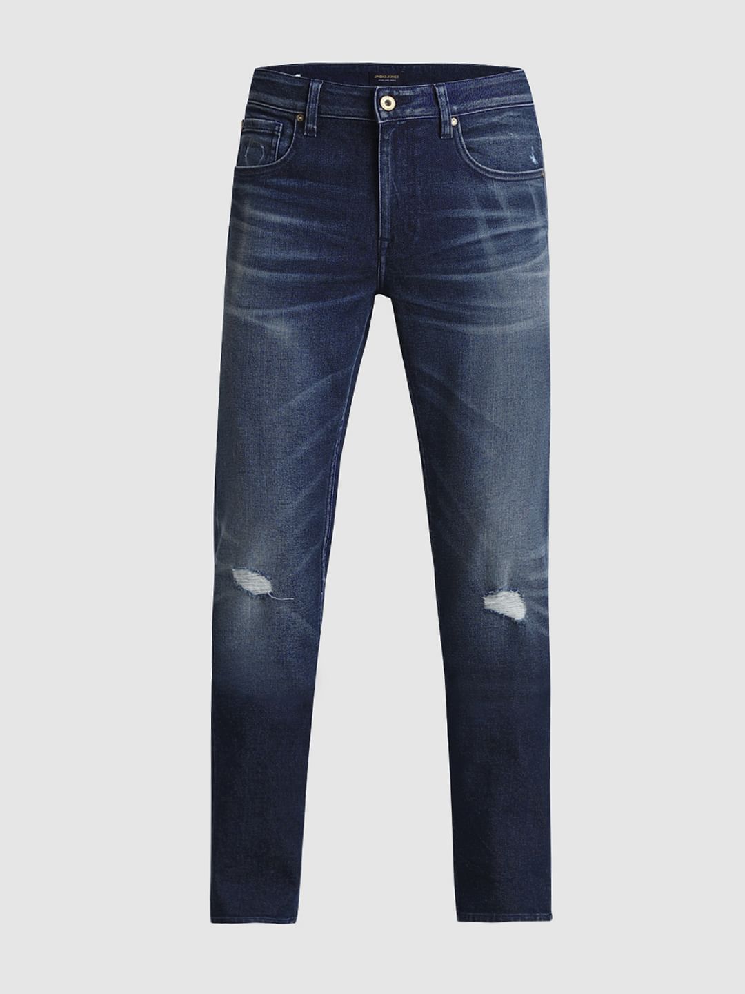 Dark Blue Mid Rise Distressed Regular Fit Jeans