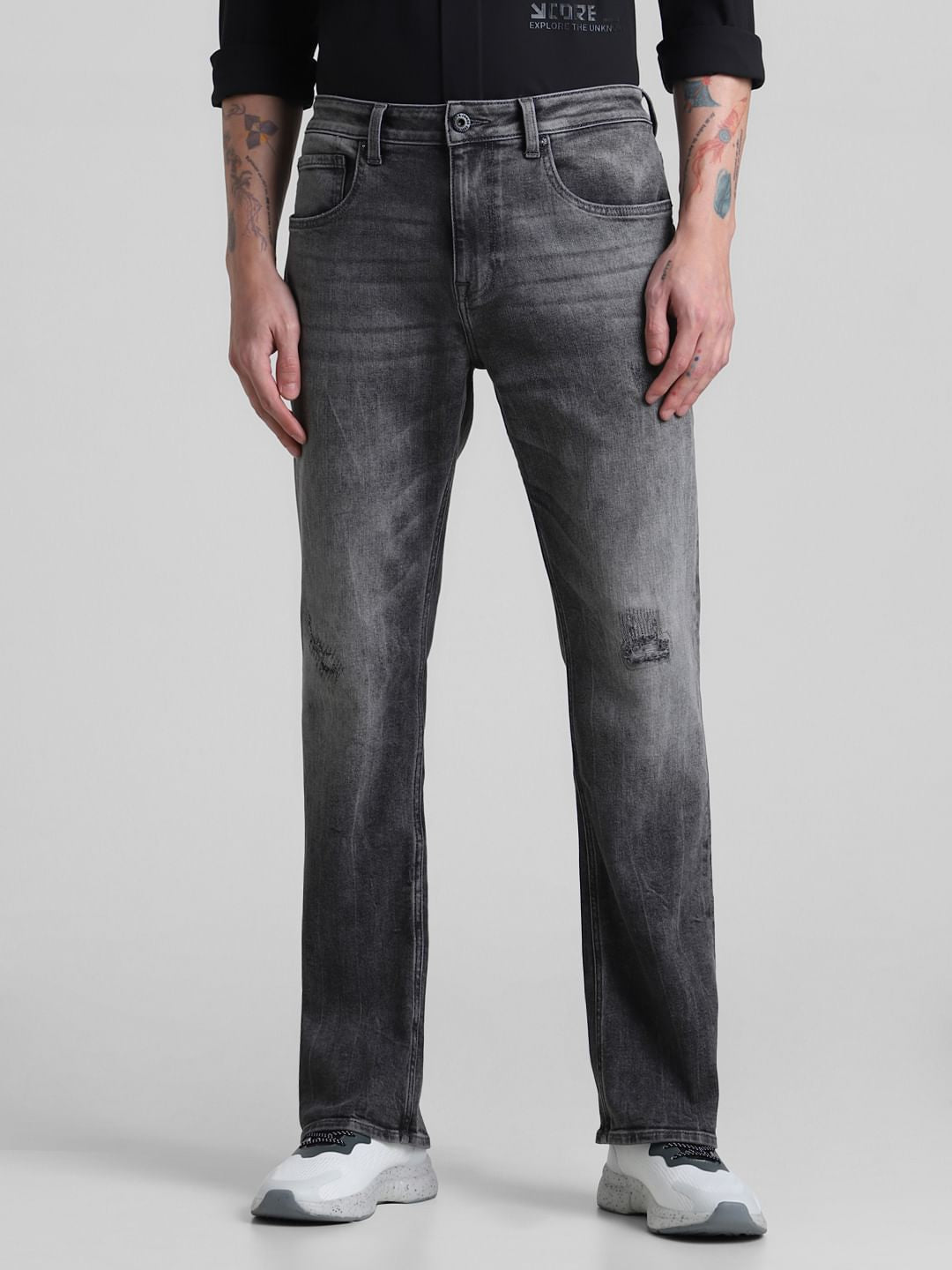 Grey Distressed Bootcut Jeans