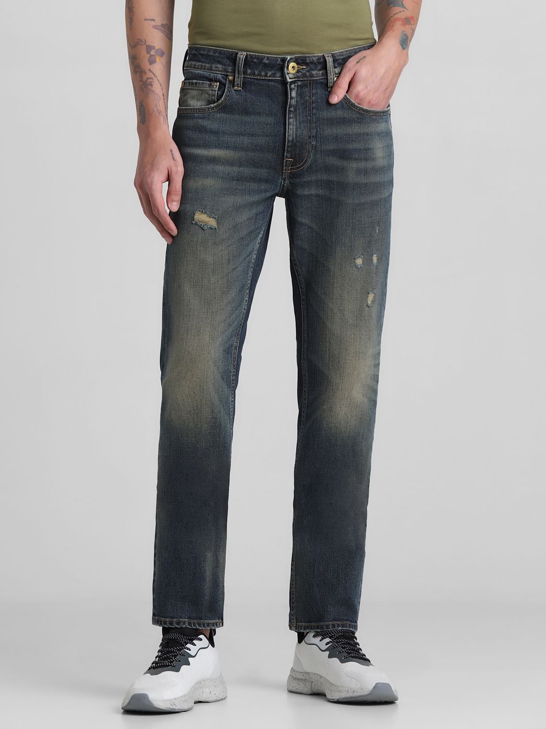Dark Blue Mid Rise Distressed Regular Fit Jeans
