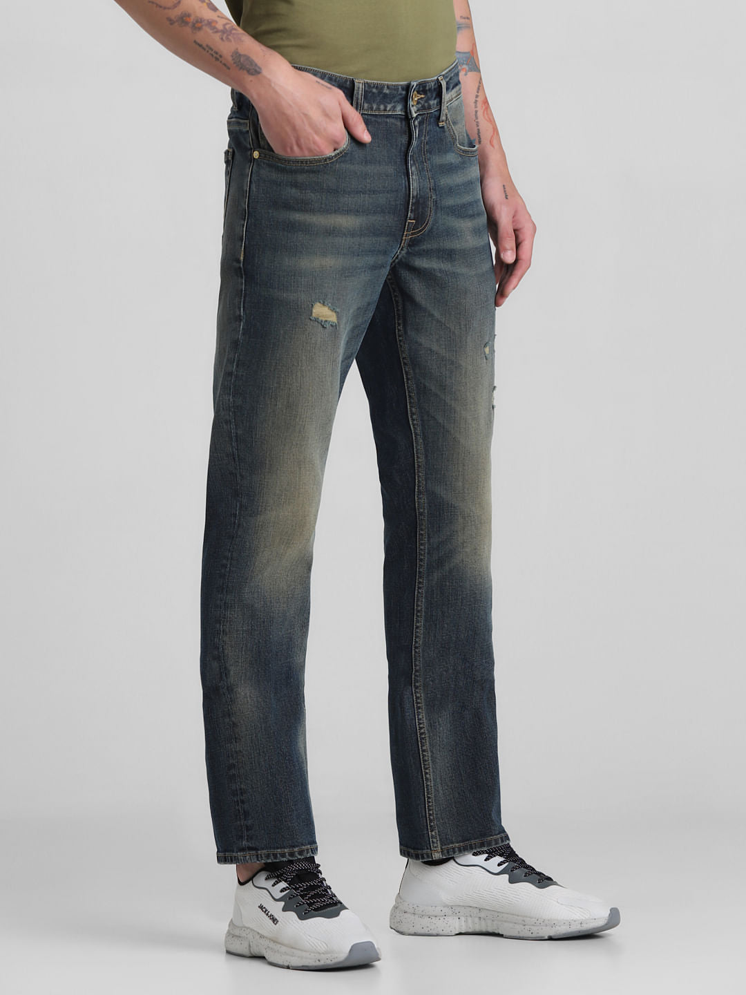 Dark Blue Mid Rise Distressed Regular Fit Jeans