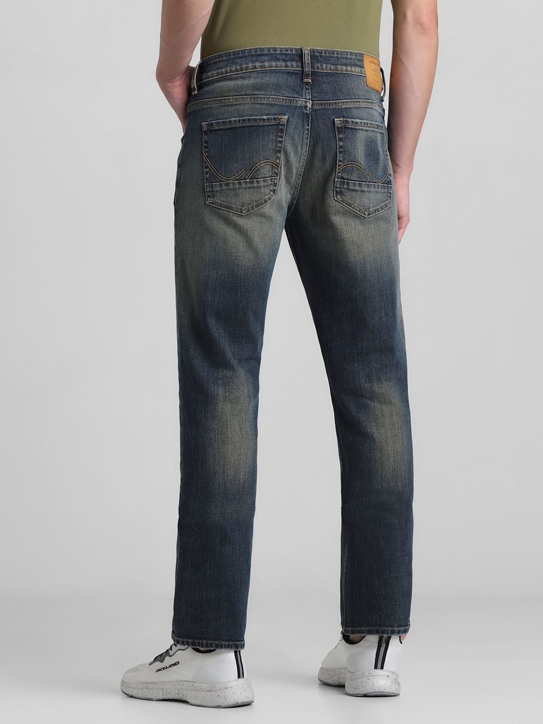 Dark Blue Mid Rise Distressed Regular Fit Jeans