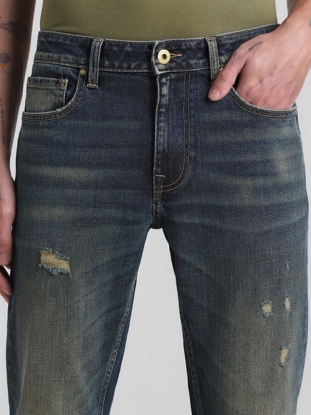 Dark Blue Mid Rise Distressed Regular Fit Jeans