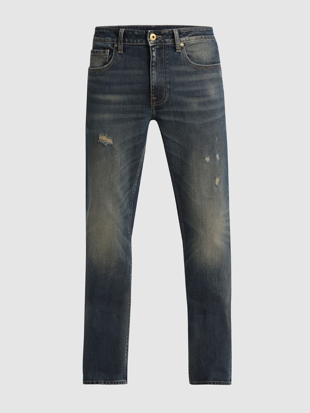 Dark Blue Mid Rise Distressed Regular Fit Jeans