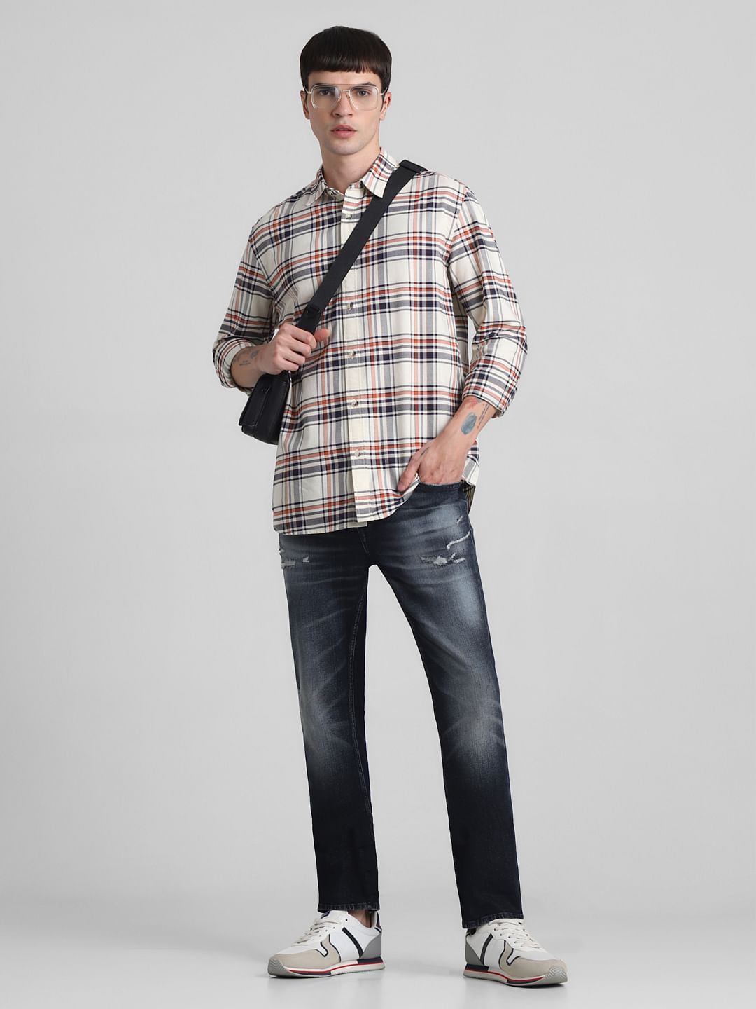 Dark Blue Mid Rise Distressed Regular Fit Jeans