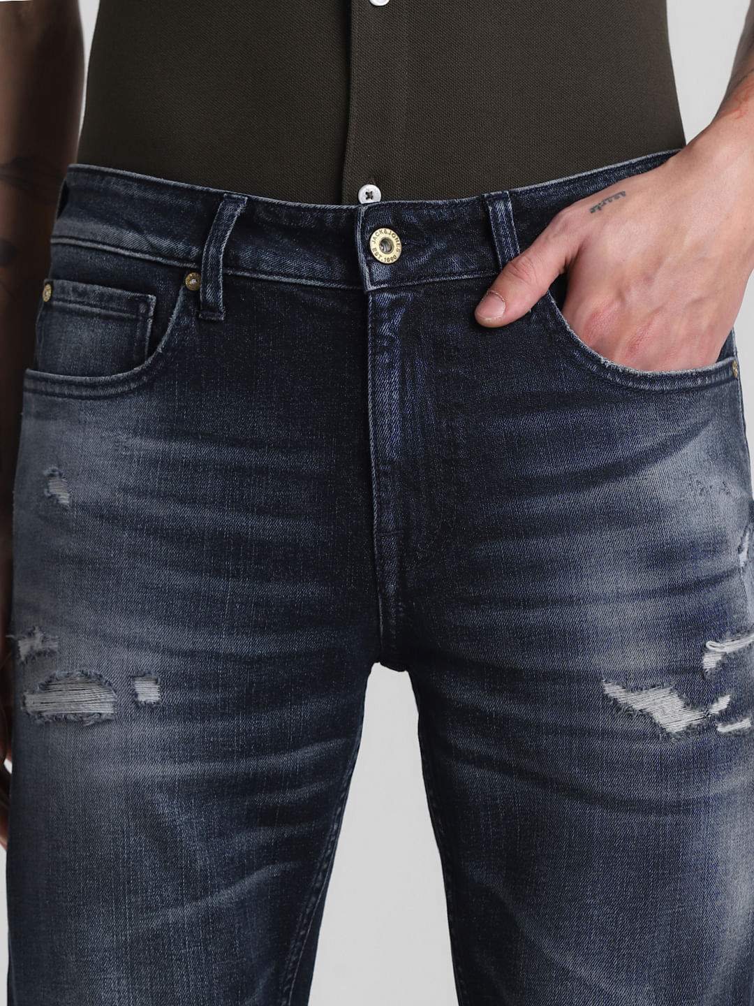 Dark Blue Low Rise Distressed Slim Fit Jeans