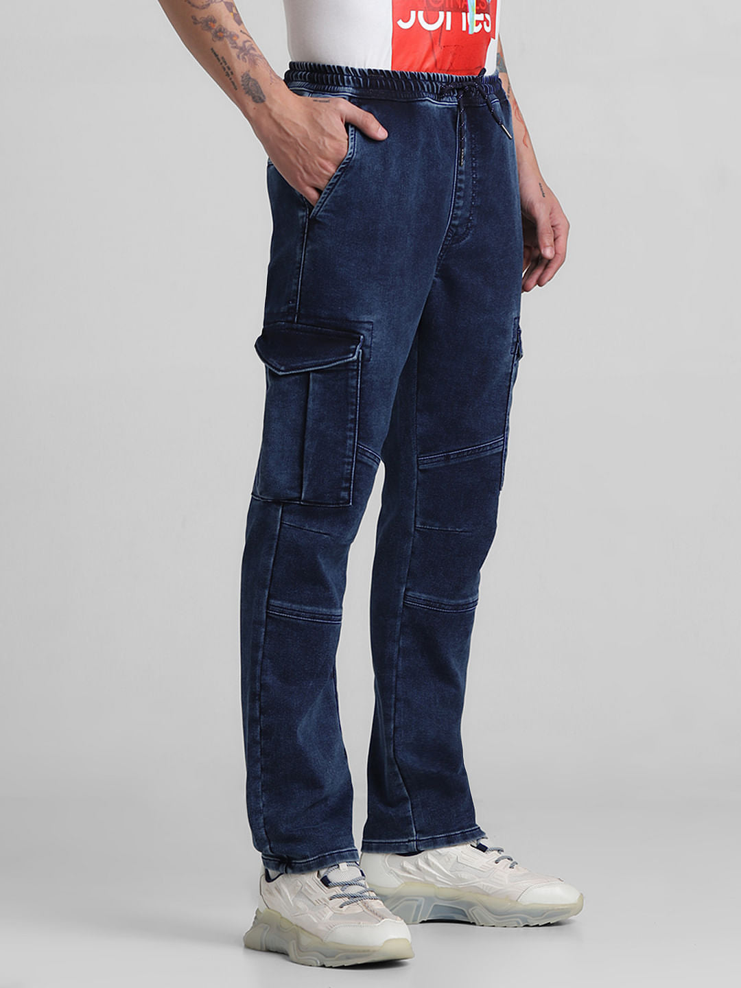 Dark Blue Low Rise Washed Denim Joggers