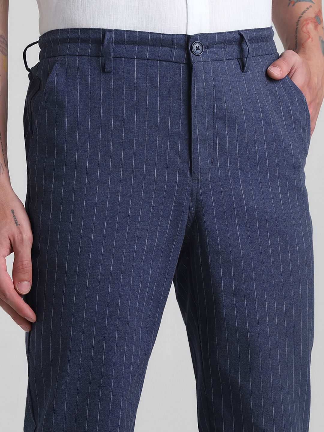 Navy Blue Mid Rise Striped Cotton Pants