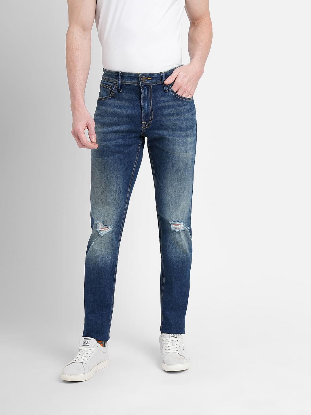 Dark Blue Low Rise Distressed Glenn Slim Fit Jeans