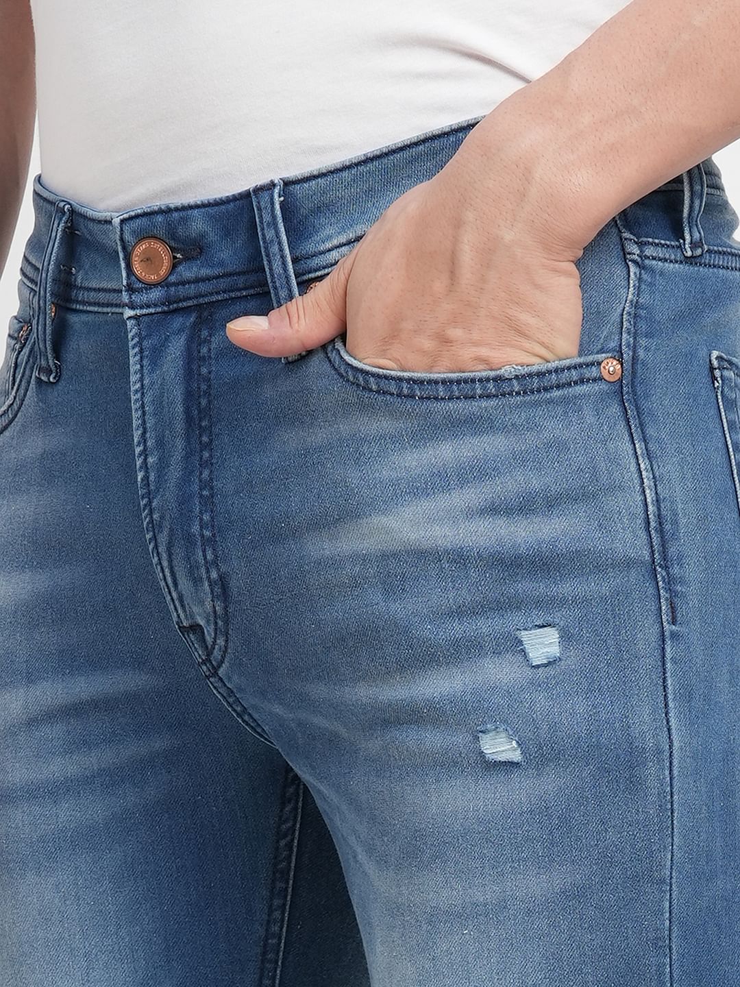 Blue Low Rise Distressed Ben Skinny Fit Jeans