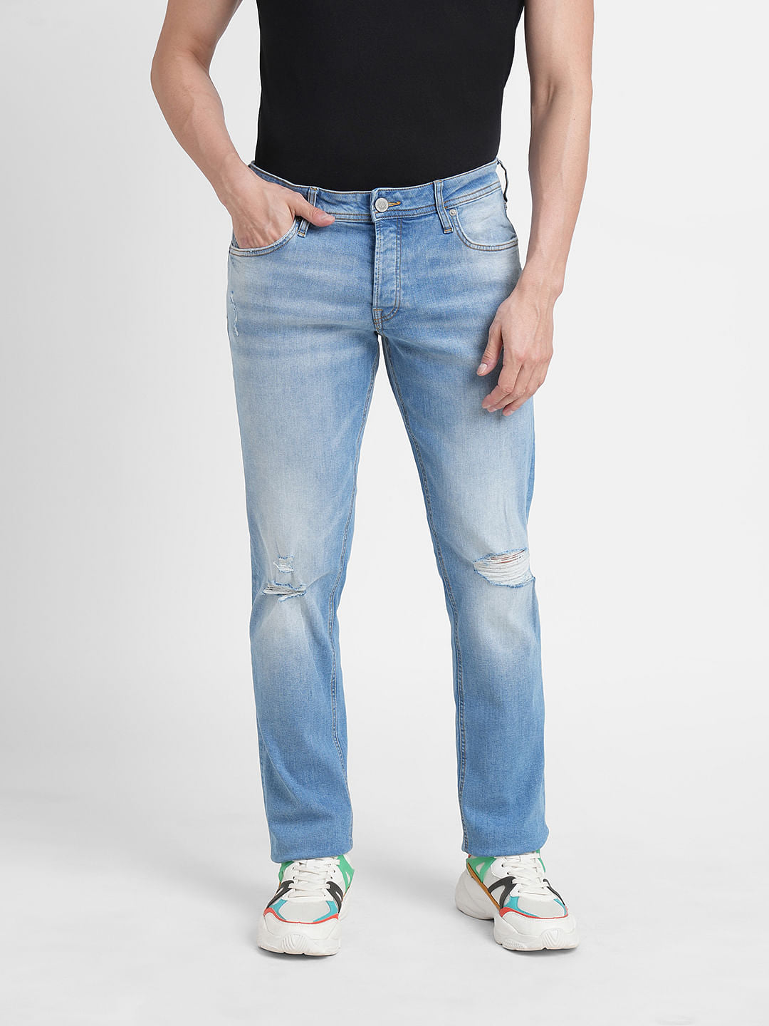 Light Blue Mid Rise Distressed Clark Regular Fit Jeans
