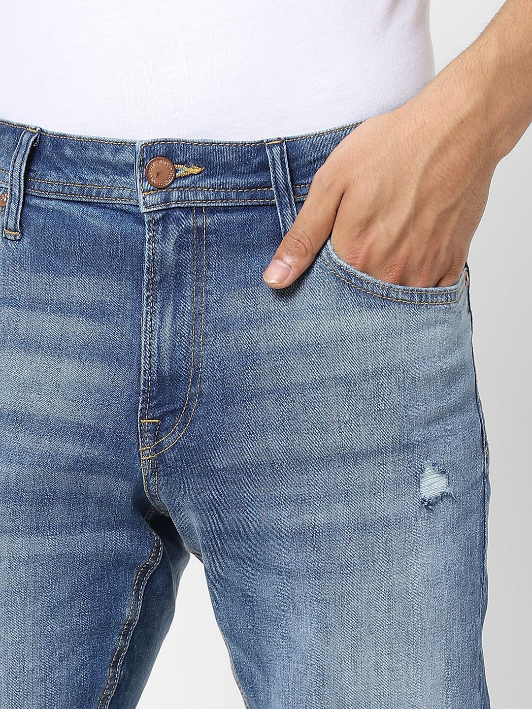 Blue Low Rise Distressed Glenn Slim Jeans