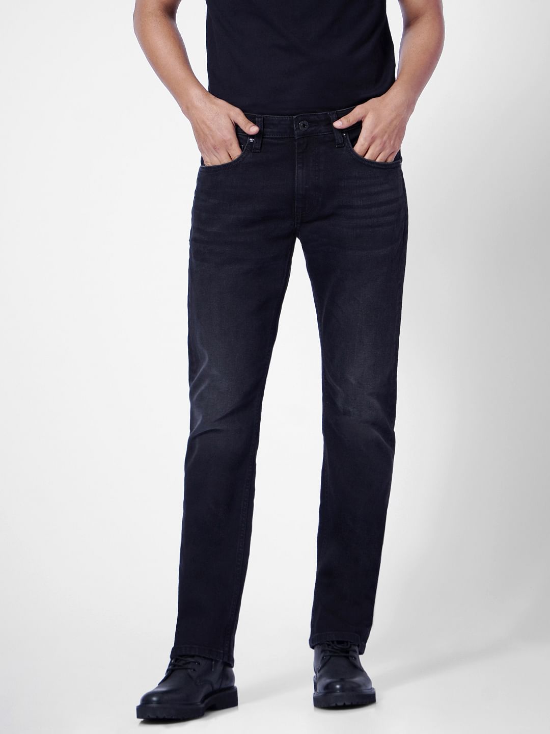 Black Mid Rise Washed Clark Regular Fit Jeans