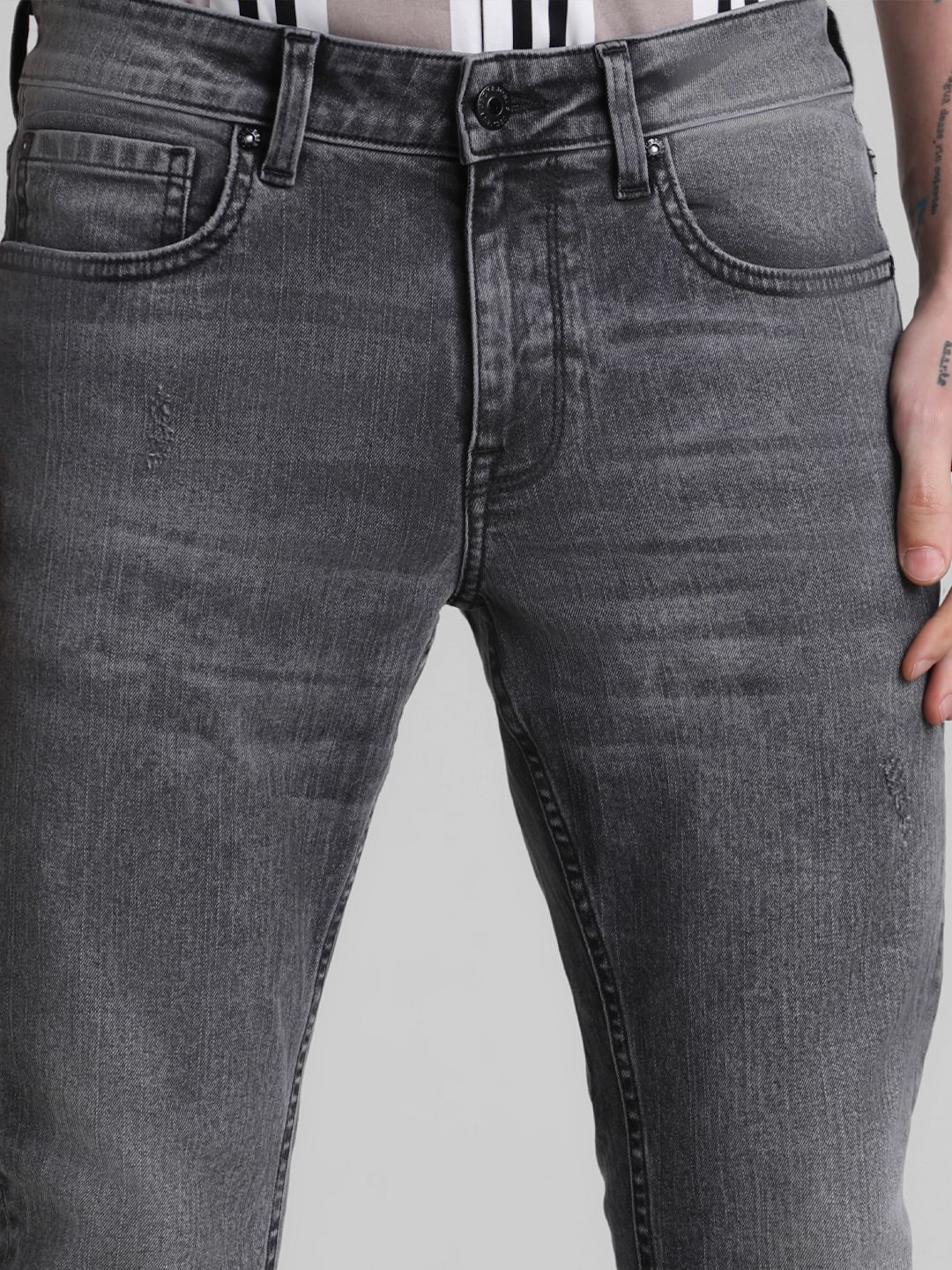 Black Mid Rise Washed Brak Slim Fit Jeans