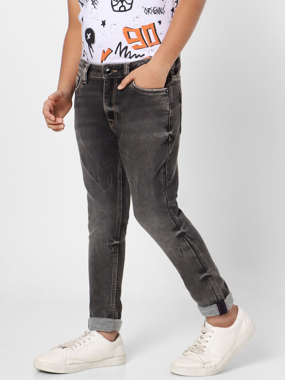 Boys Grey Mid Rise Glenn Slim Fit Jeans