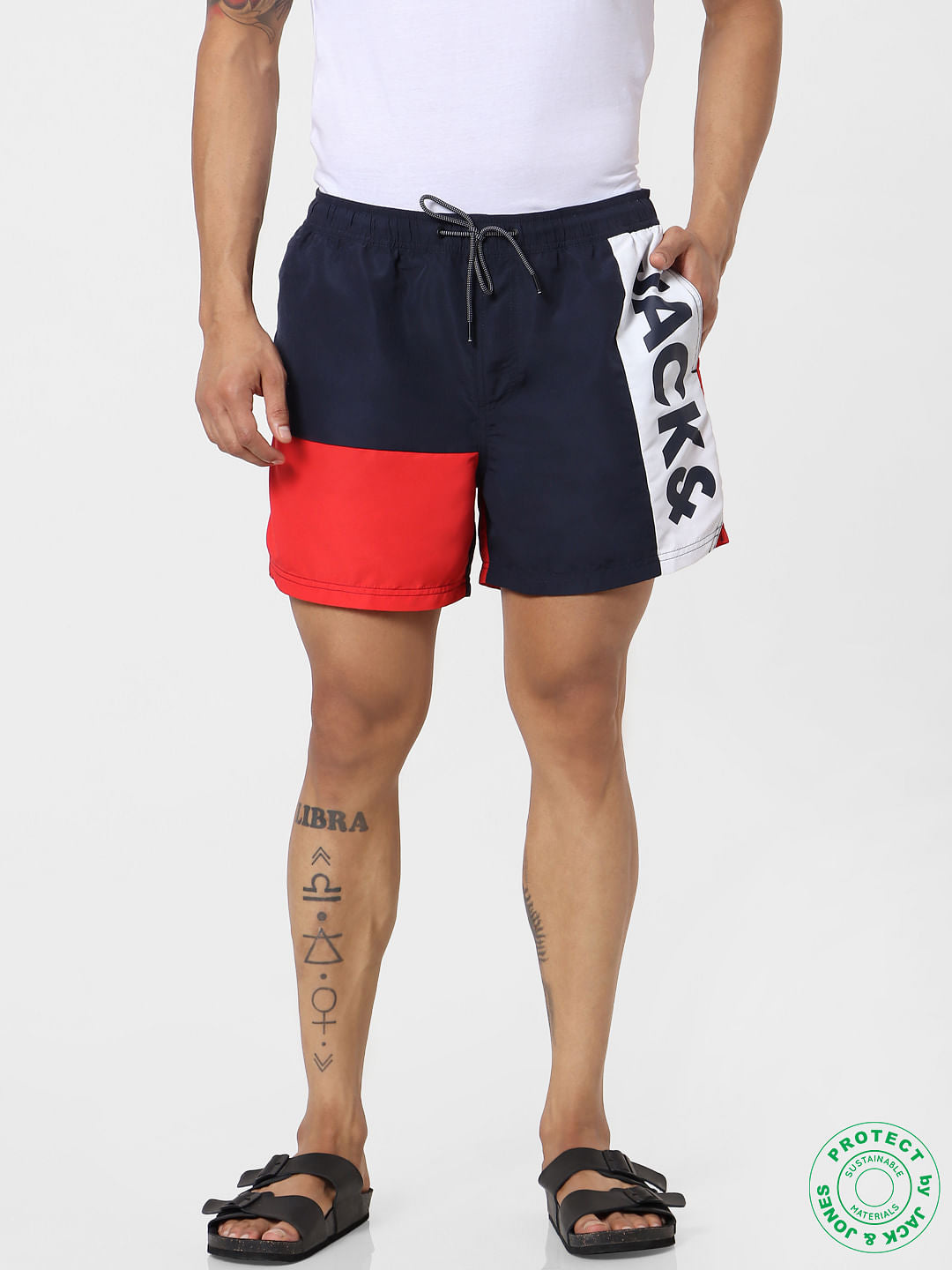 Blue Mid Rise Colourblocked Logo Print Swimshorts - S