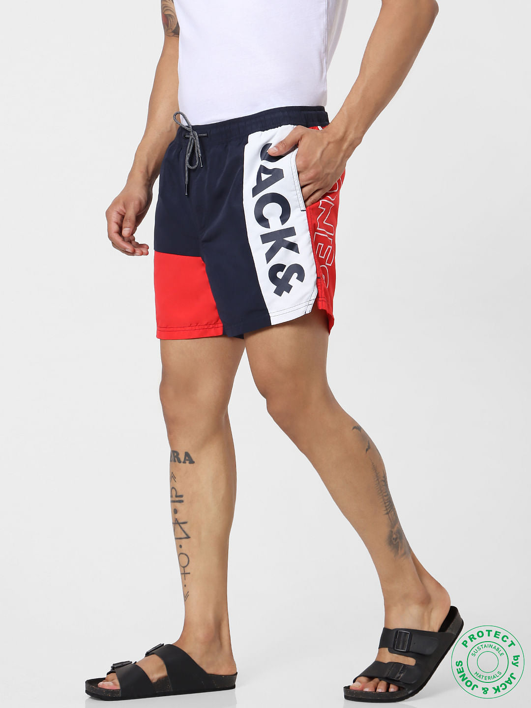 Blue Mid Rise Colourblocked Logo Print Swimshorts