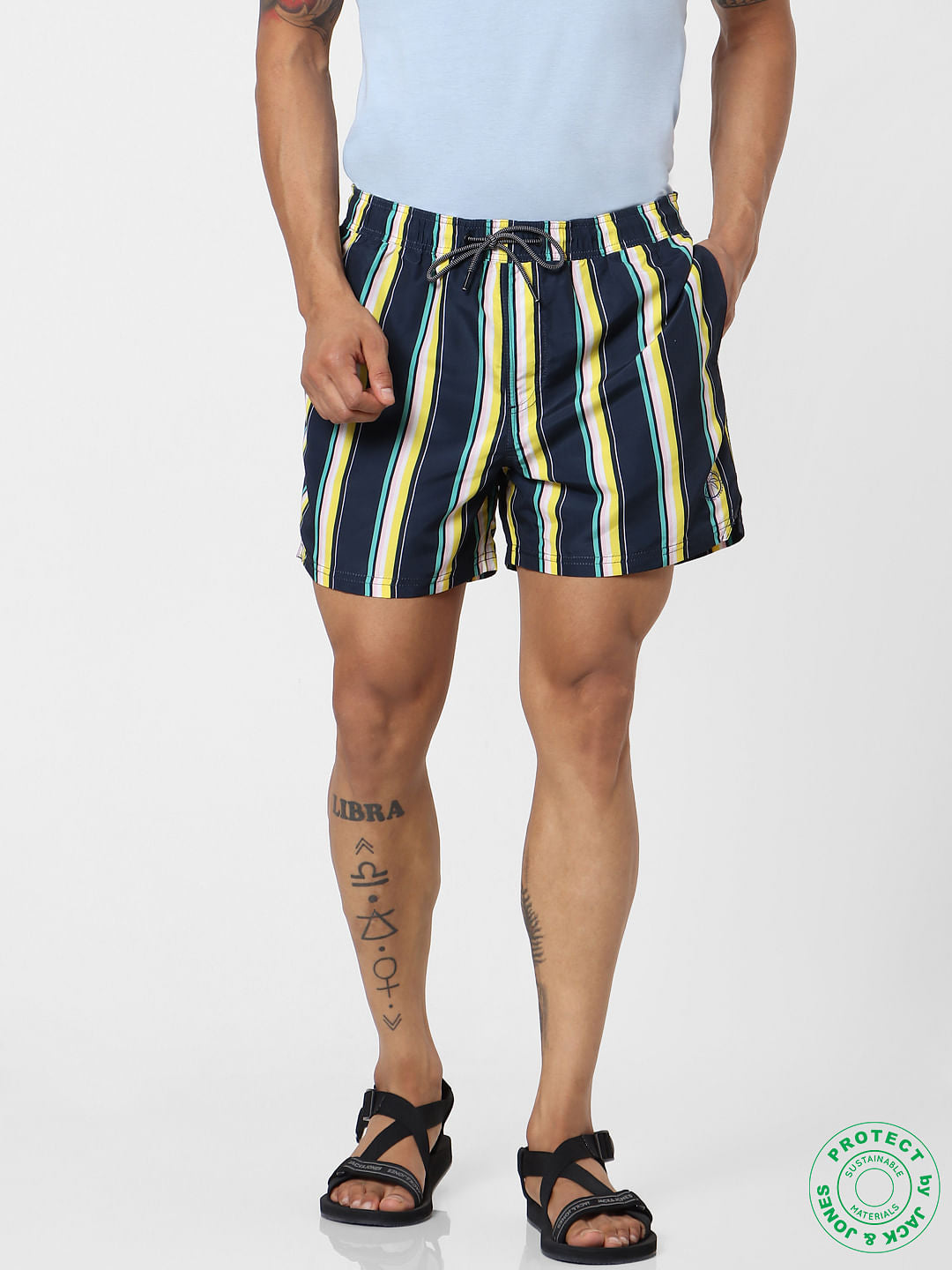 Navy Blue Mid Rise Striped Swimshorts