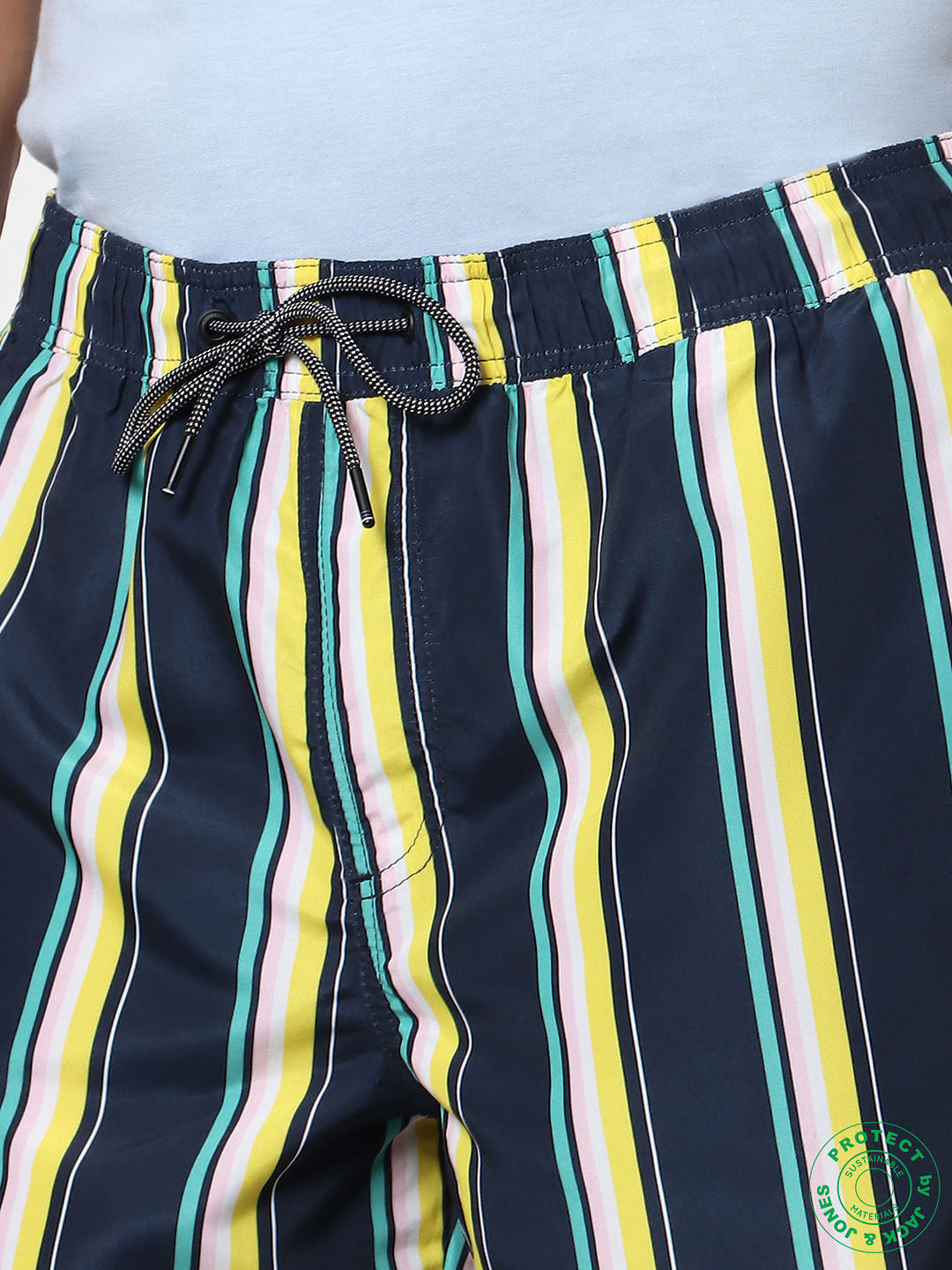 Navy Blue Mid Rise Striped Swimshorts