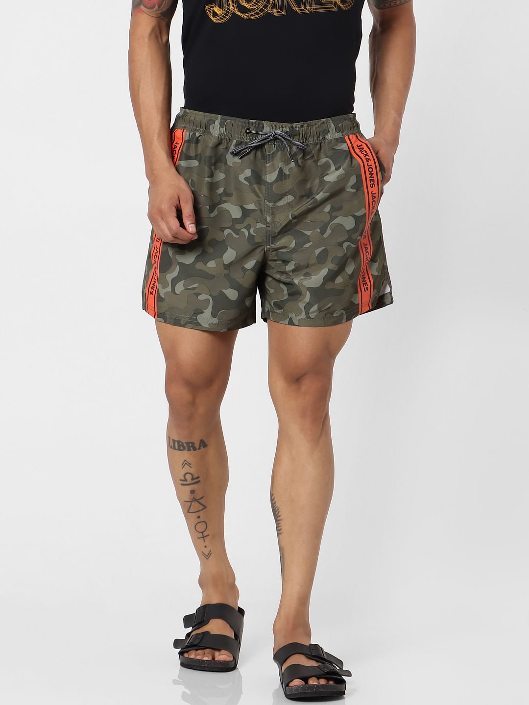 Green Mid Rise Camo Tape Detail Swimshorts