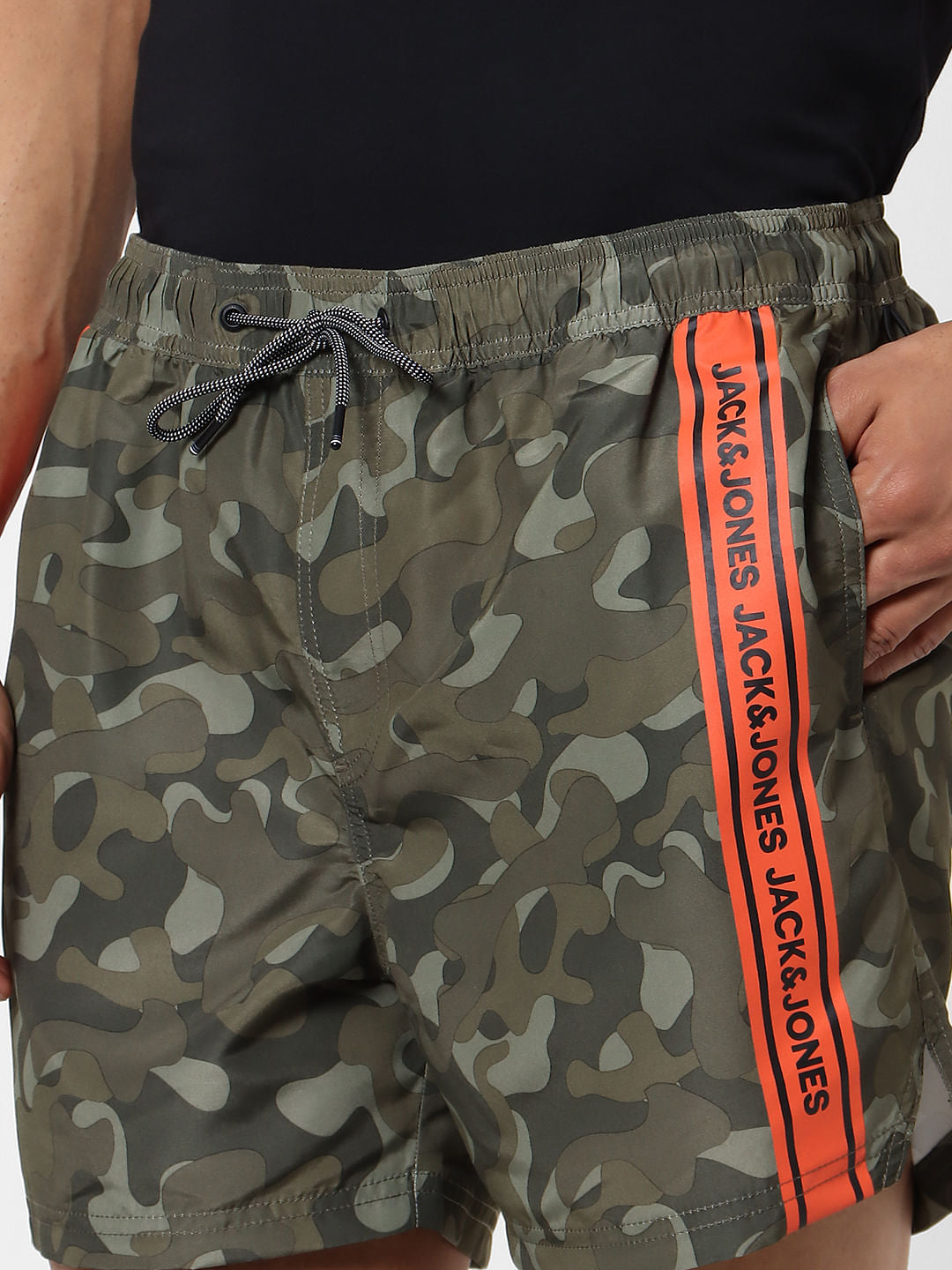 Green Mid Rise Camo Tape Detail Swimshorts