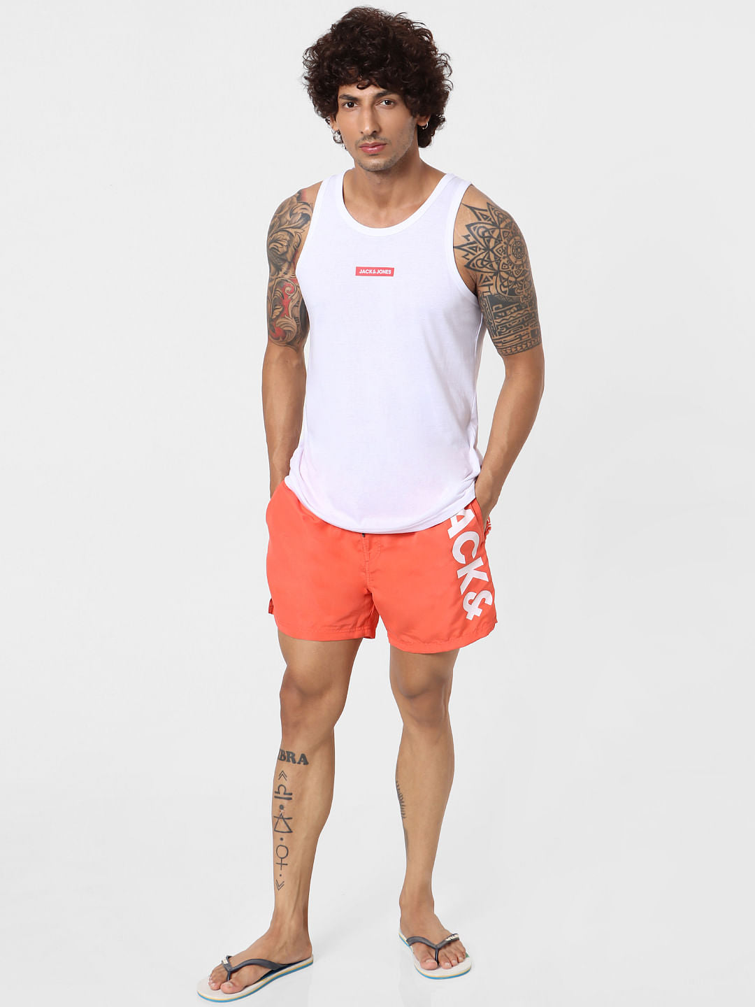 Coral Mid Rise Logo Print Drawstring Swimshorts - S