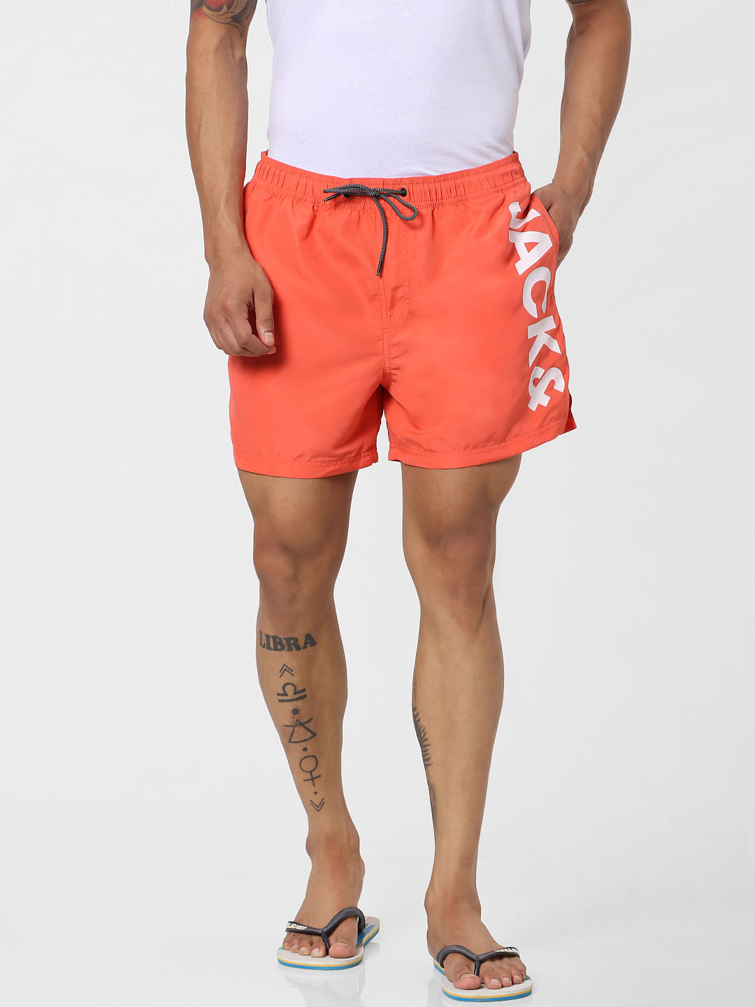 Coral Mid Rise Logo Print Drawstring Swimshorts