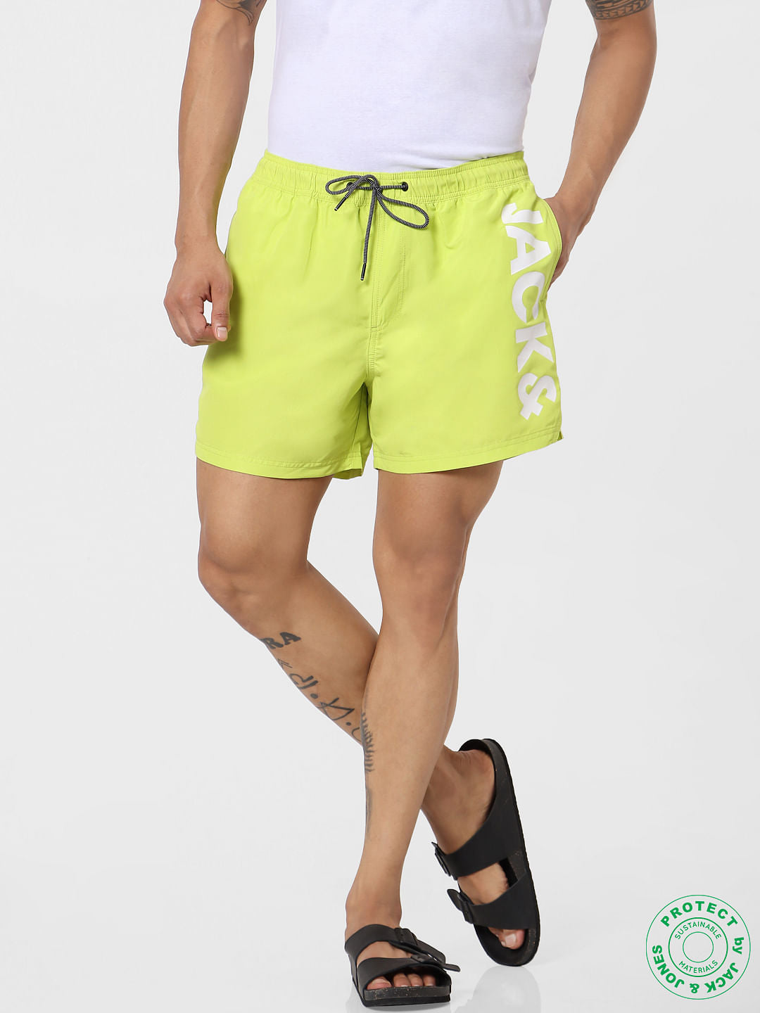 Lime Mid Rise Logo Print Drawstring Swimshorts - S