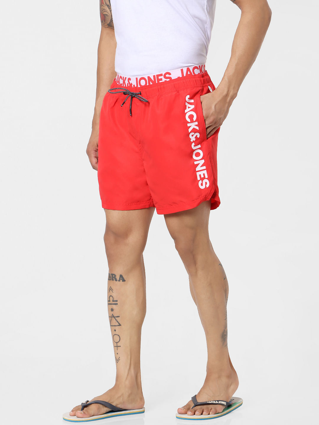 Red Mid Rise Logo Print Drawstring Swimshorts