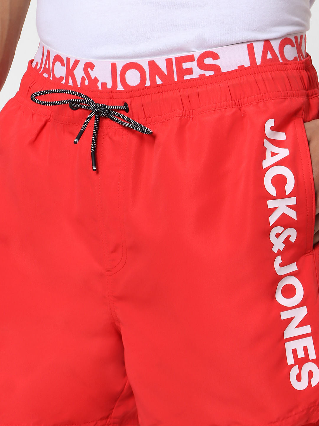 Red Mid Rise Logo Print Drawstring Swimshorts