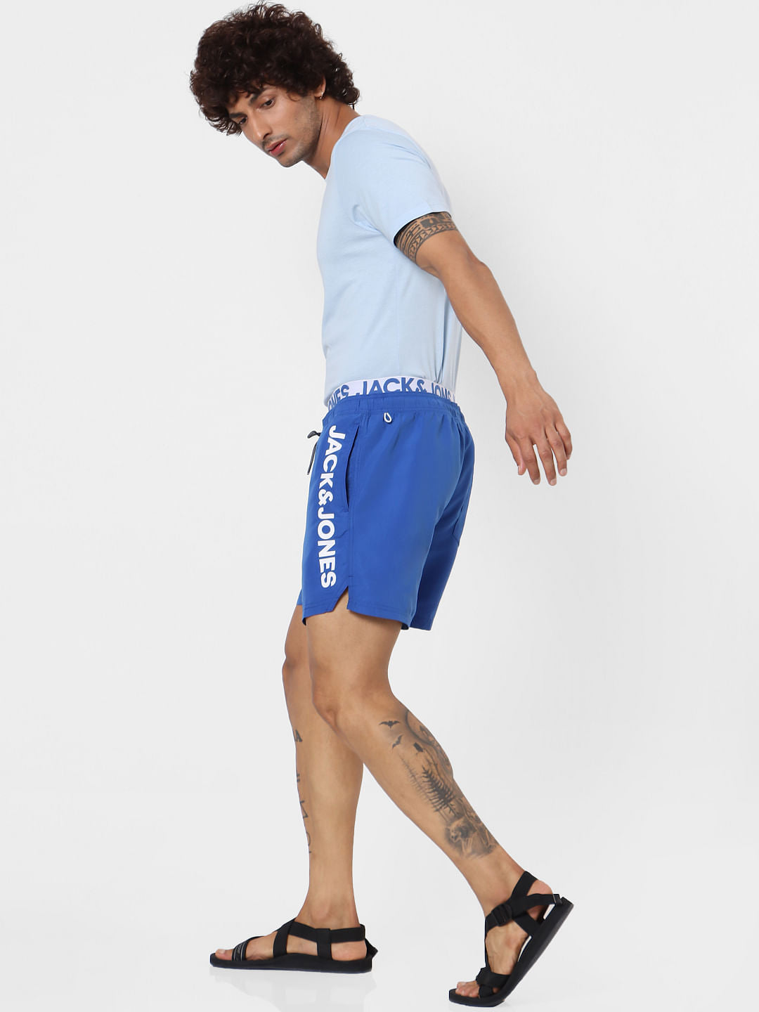 Blue Mid Rise Logo Print Drawstring Swimshorts - S