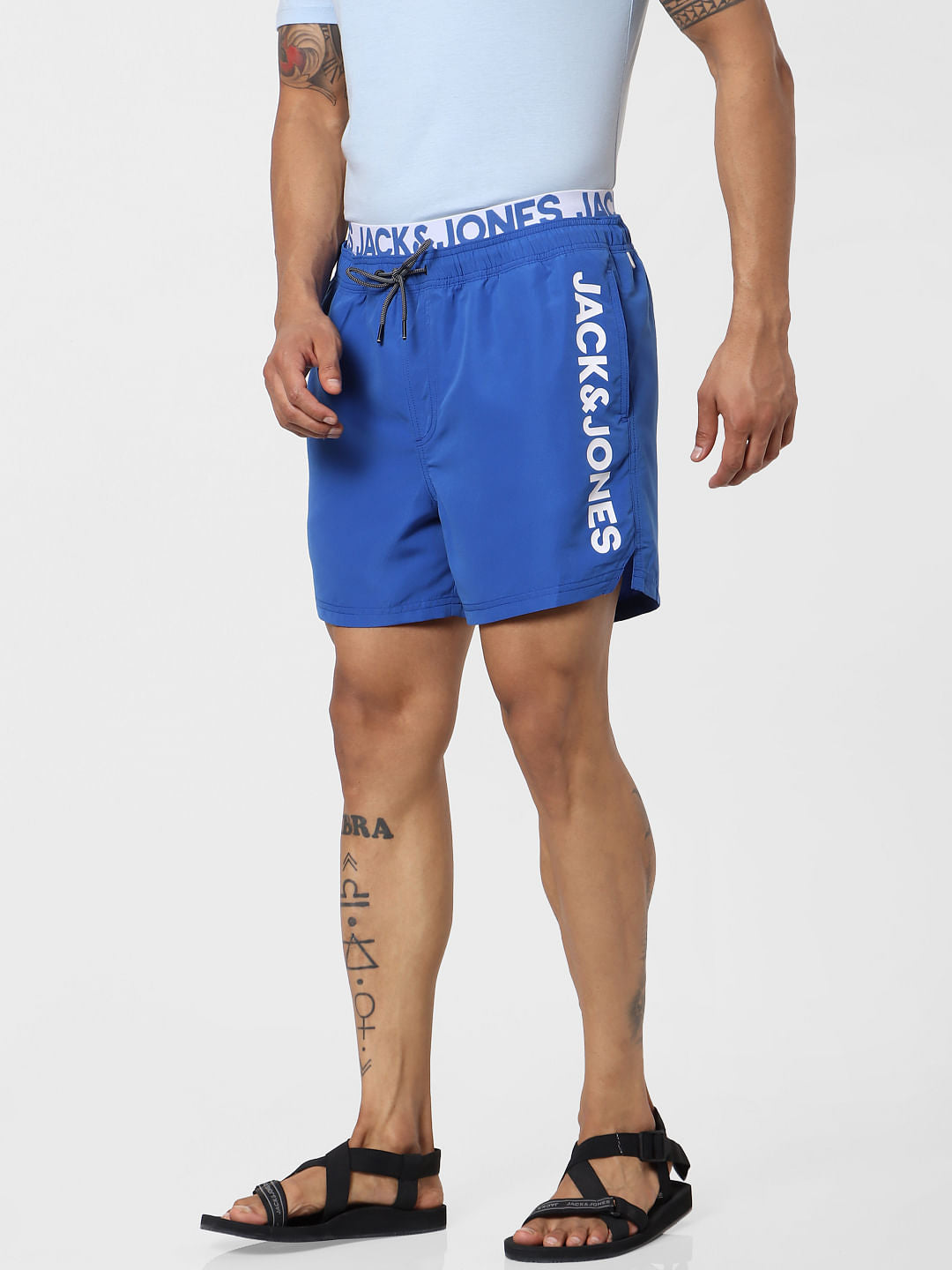 Blue Mid Rise Logo Print Drawstring Swimshorts