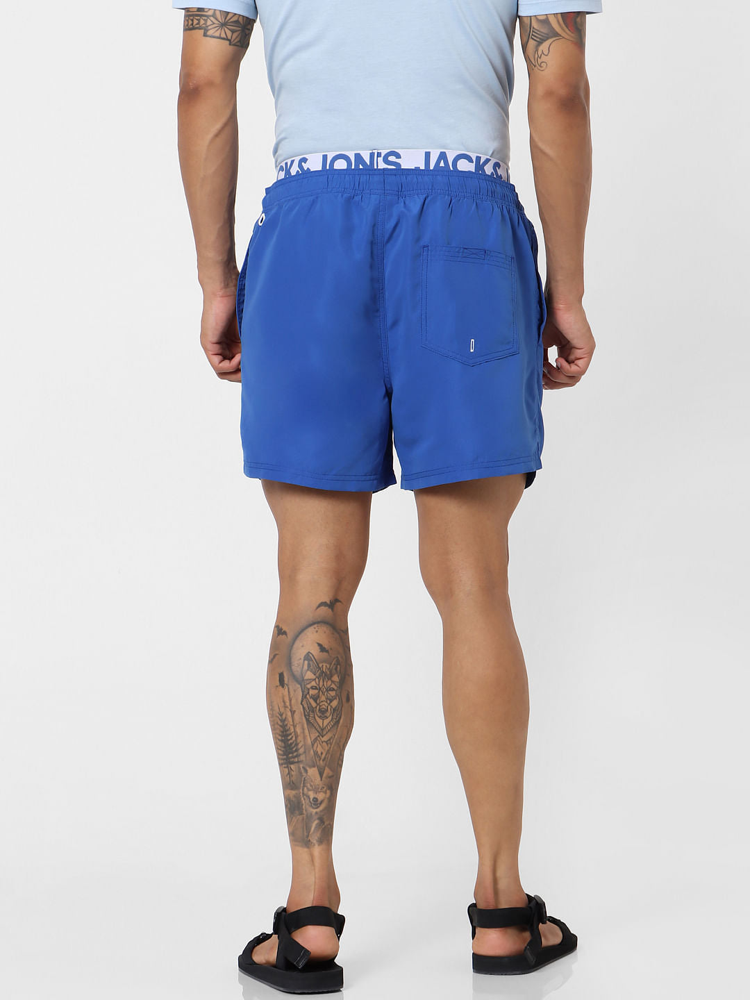 Blue Mid Rise Logo Print Drawstring Swimshorts