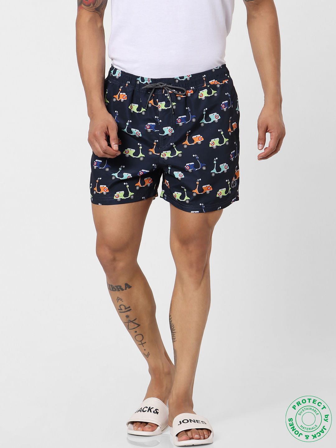 Navy Blue Mid Rise All Over Print Swimshorts - S