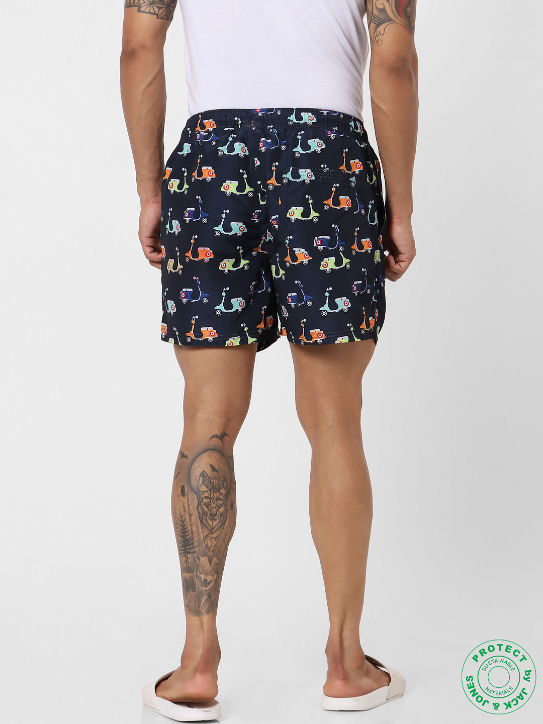 Navy Blue Mid Rise All Over Print Swimshorts