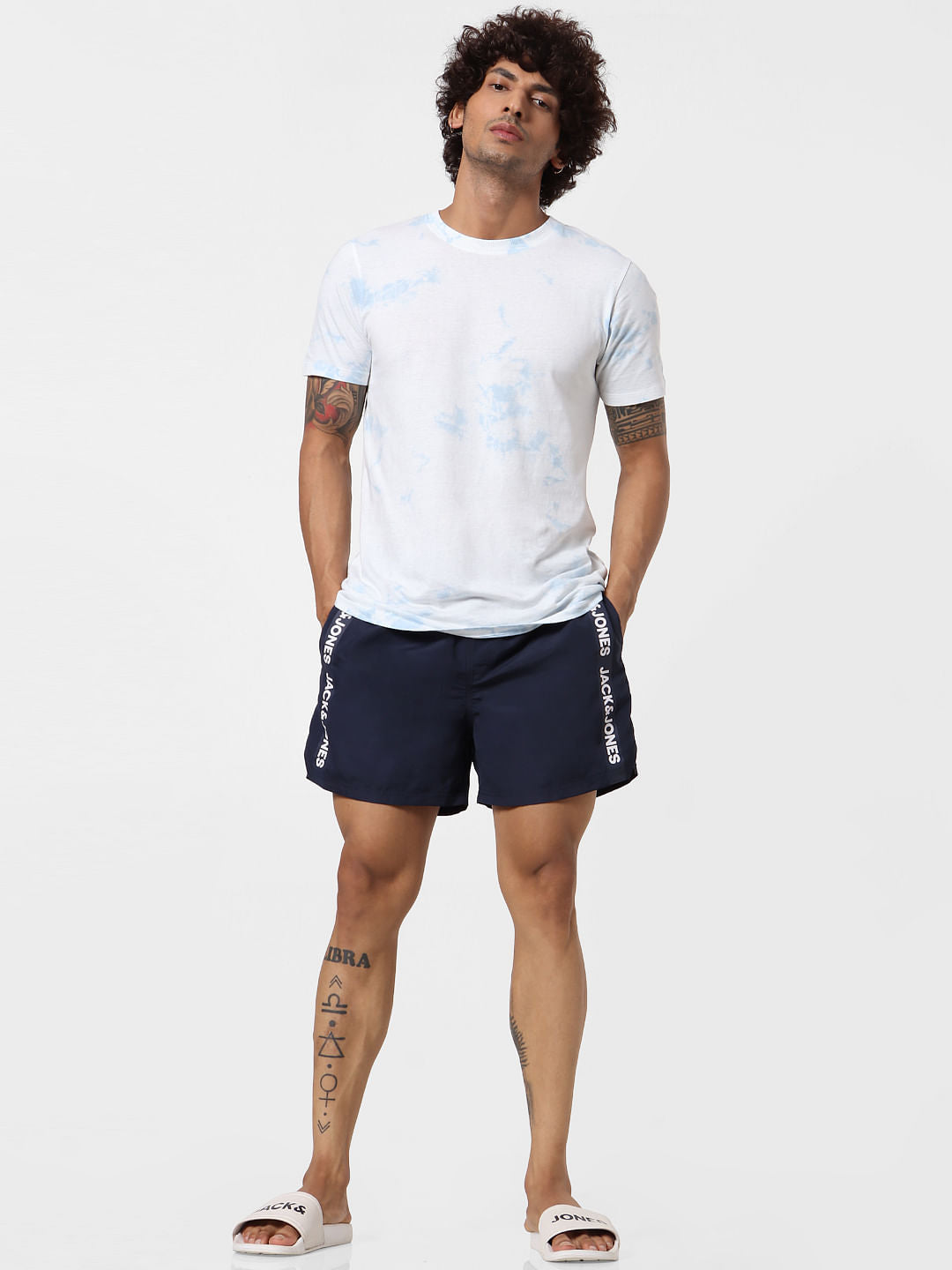 Navy Blue Mid Rise Logo Print Tape Detail Drawstring Swimshorts - S