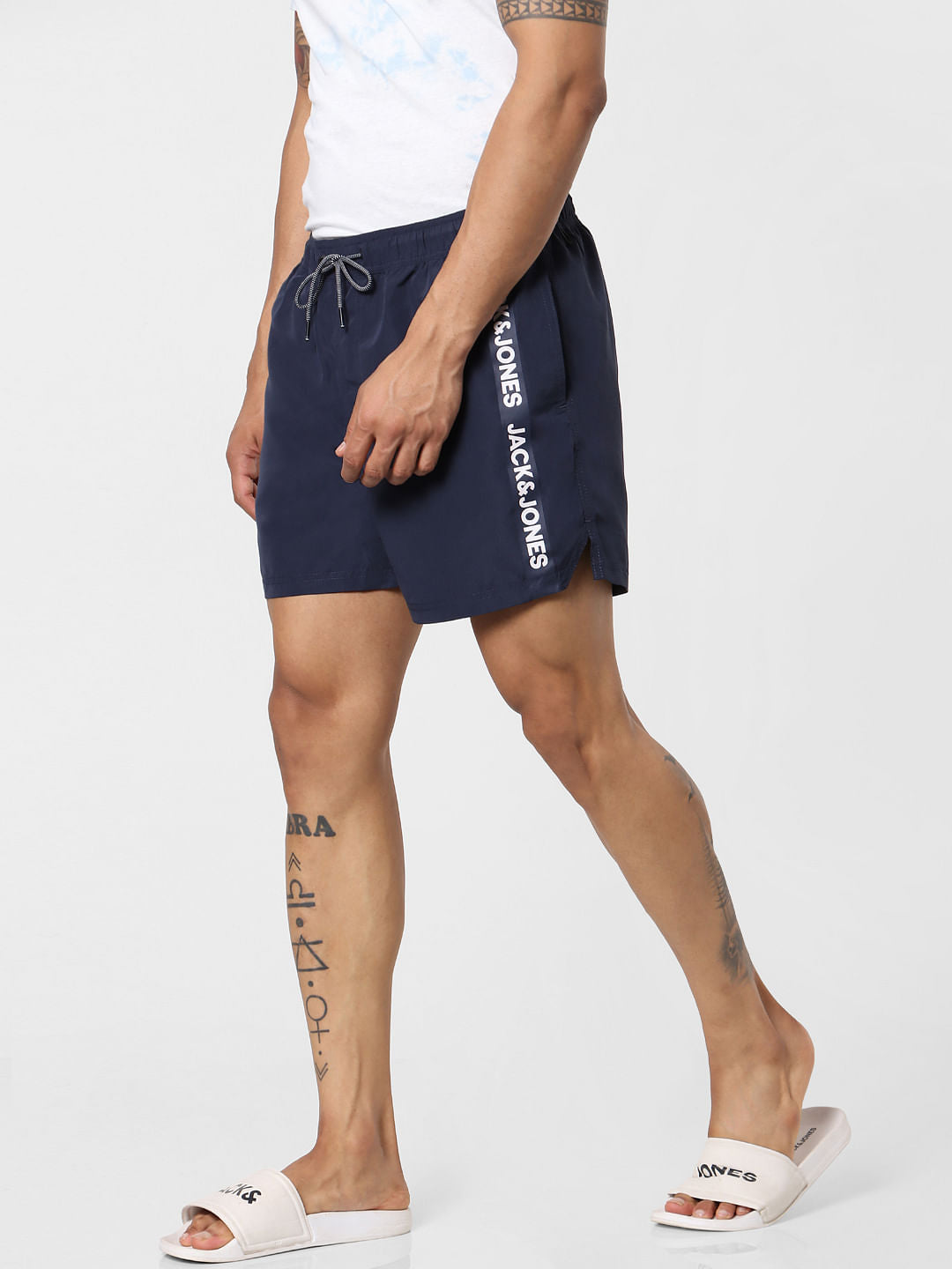 Navy Blue Mid Rise Logo Print Tape Detail Drawstring Swimshorts