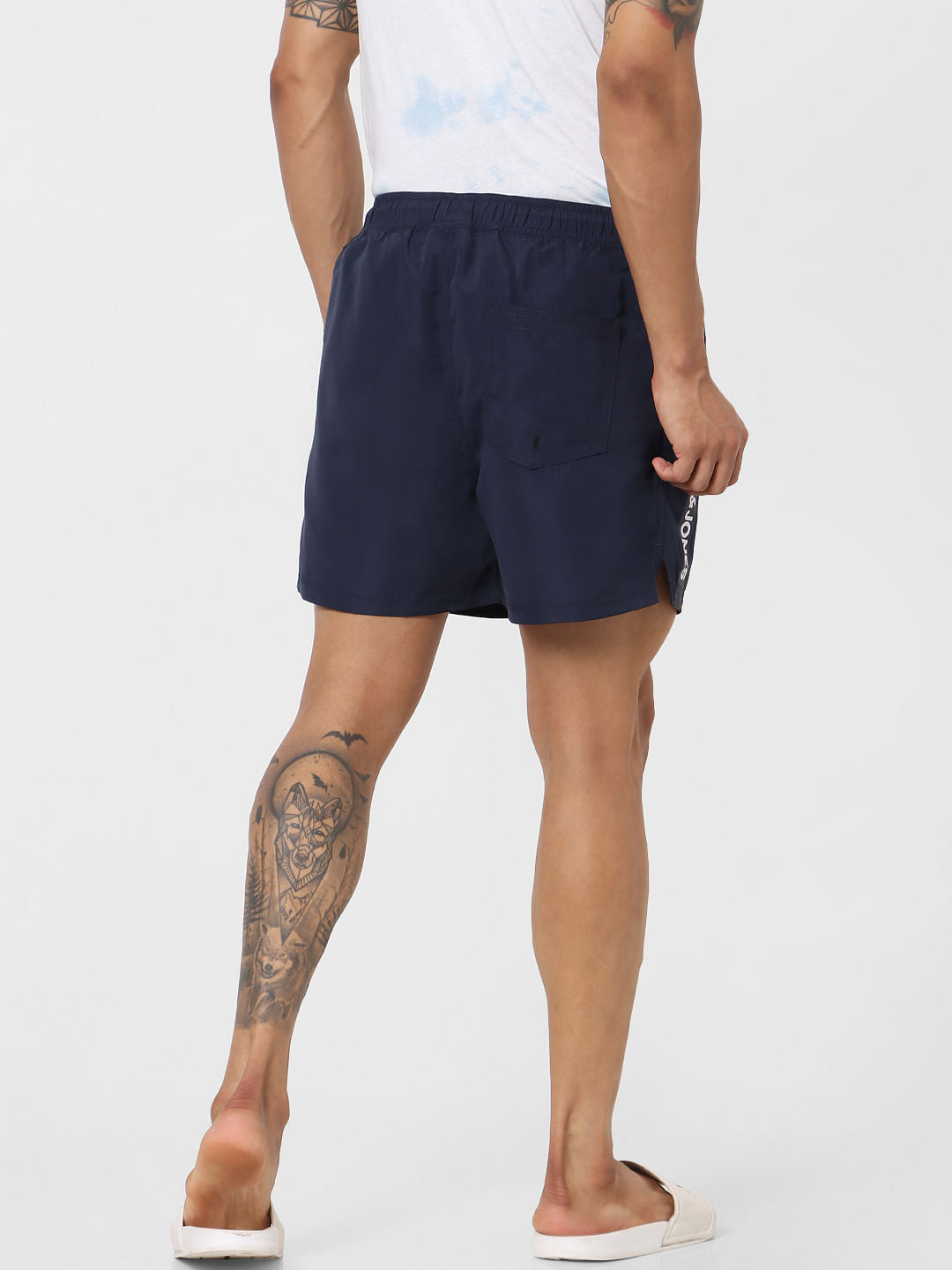 Navy Blue Mid Rise Logo Print Tape Detail Drawstring Swimshorts