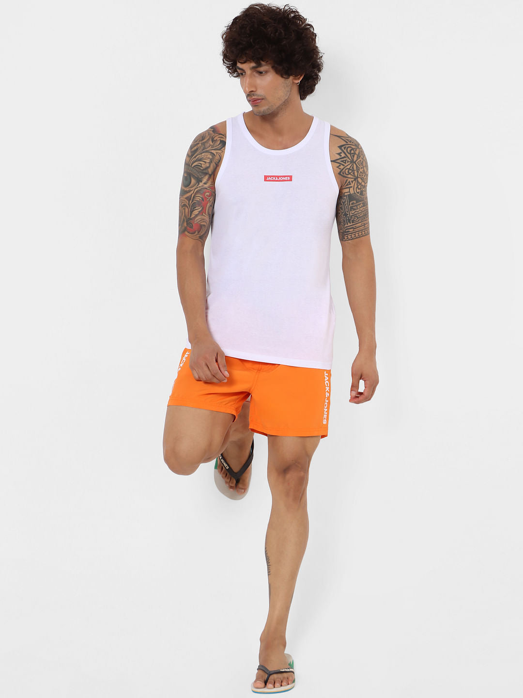 Orange Mid Rise Logo Print Tape Detail Drawstring Swimshorts - S