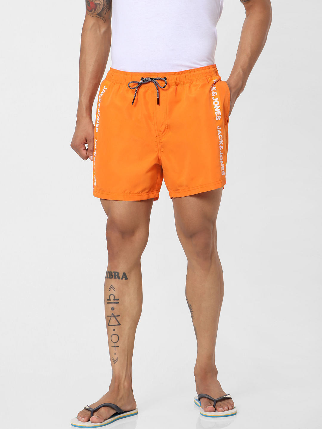 Orange Mid Rise Logo Print Tape Detail Drawstring Swimshorts
