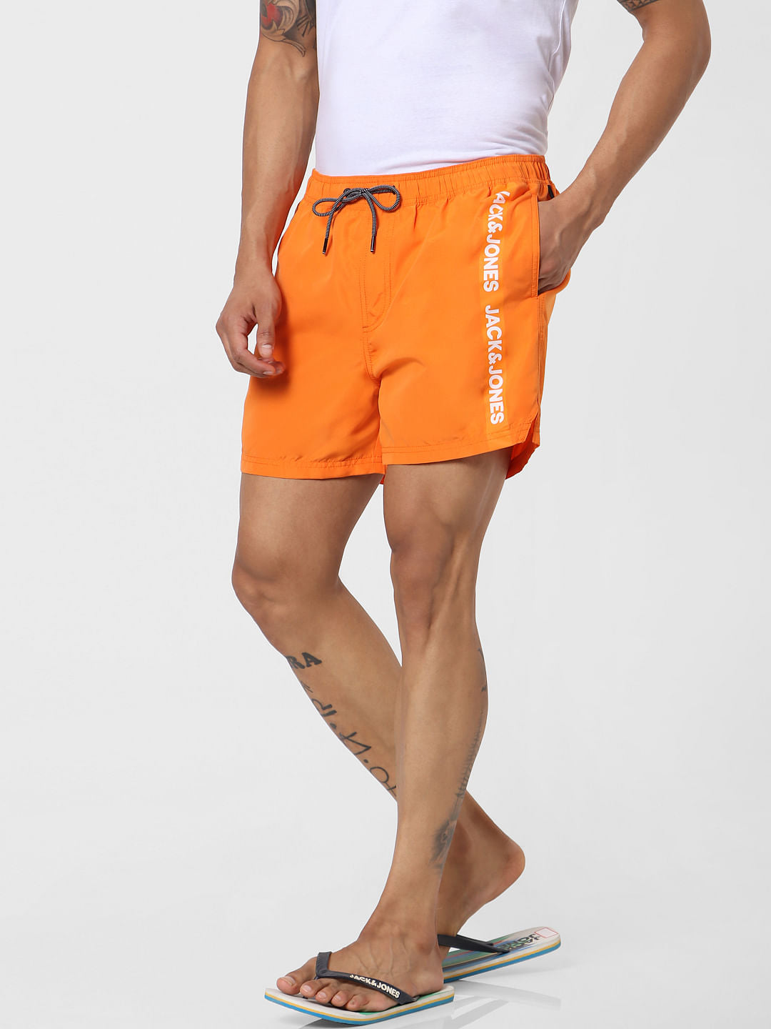 Orange Mid Rise Logo Print Tape Detail Drawstring Swimshorts