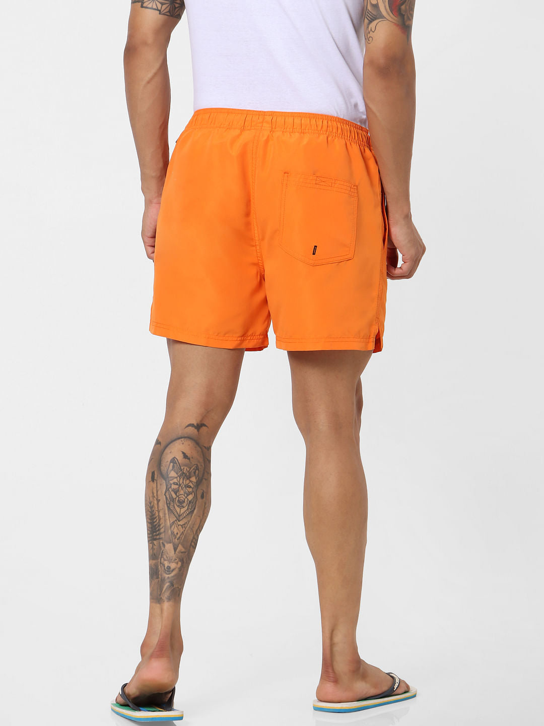 Orange Mid Rise Logo Print Tape Detail Drawstring Swimshorts